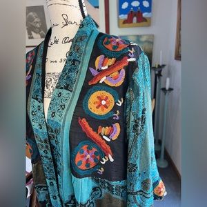 Soft Surroundings Open Silk Jacket Tapestry and Crewelwork Embroidery. Teal. 2X